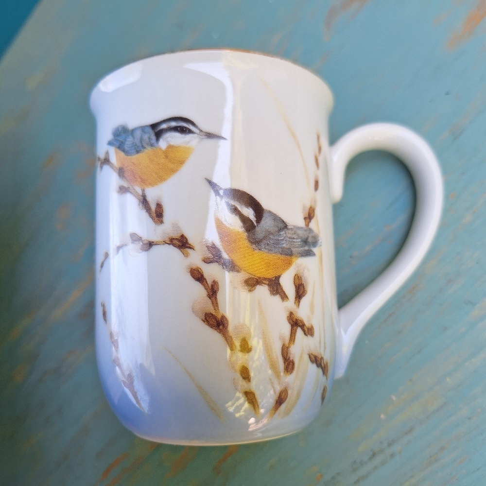 Bird Mug Otagiri Japan Coffee Cup Teacup Pretty Cute Birds Porcelain Gold Leaf - Picture 2 of 16